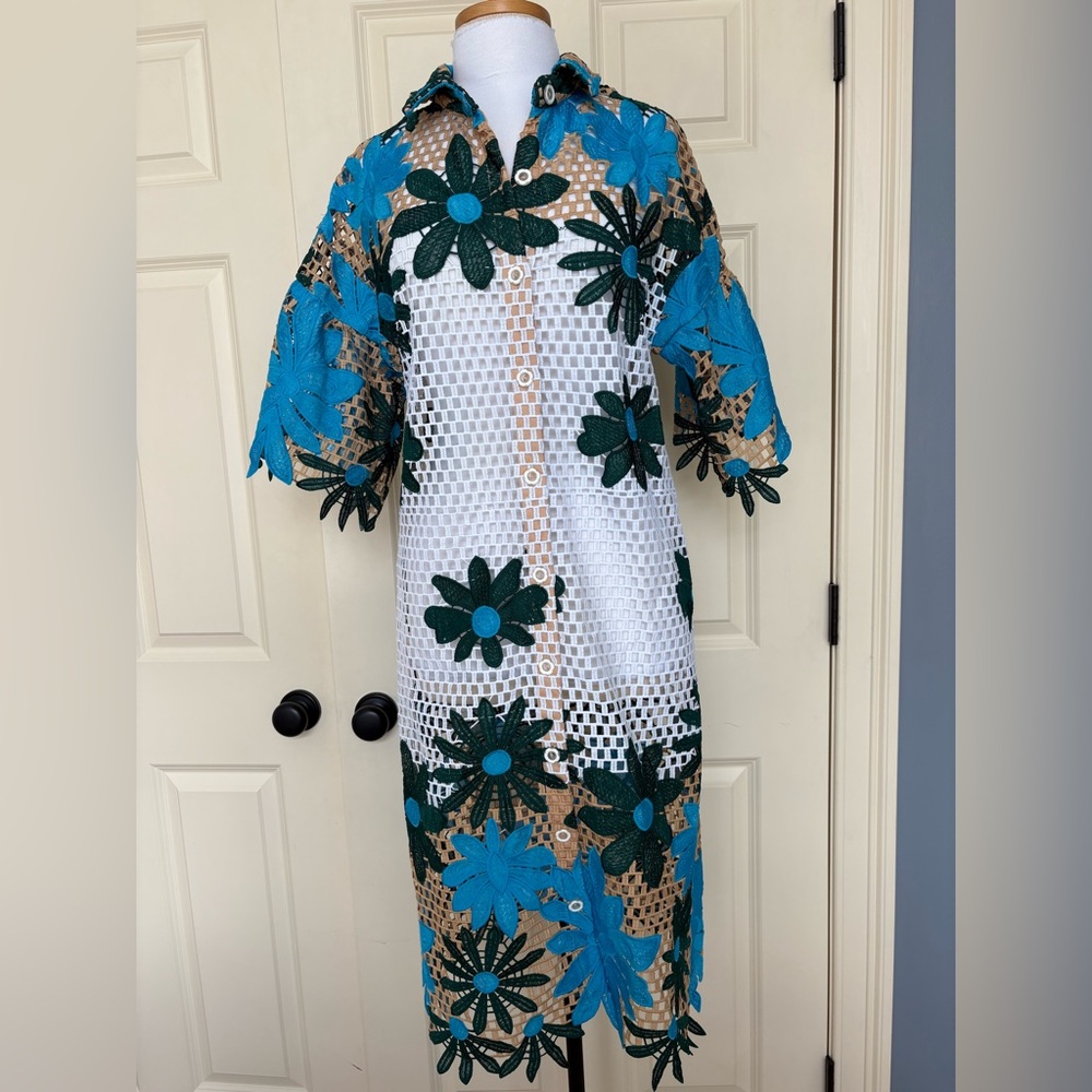 Eva Franco Teal, Green & White Floral Lace Button-Front Midi Dress